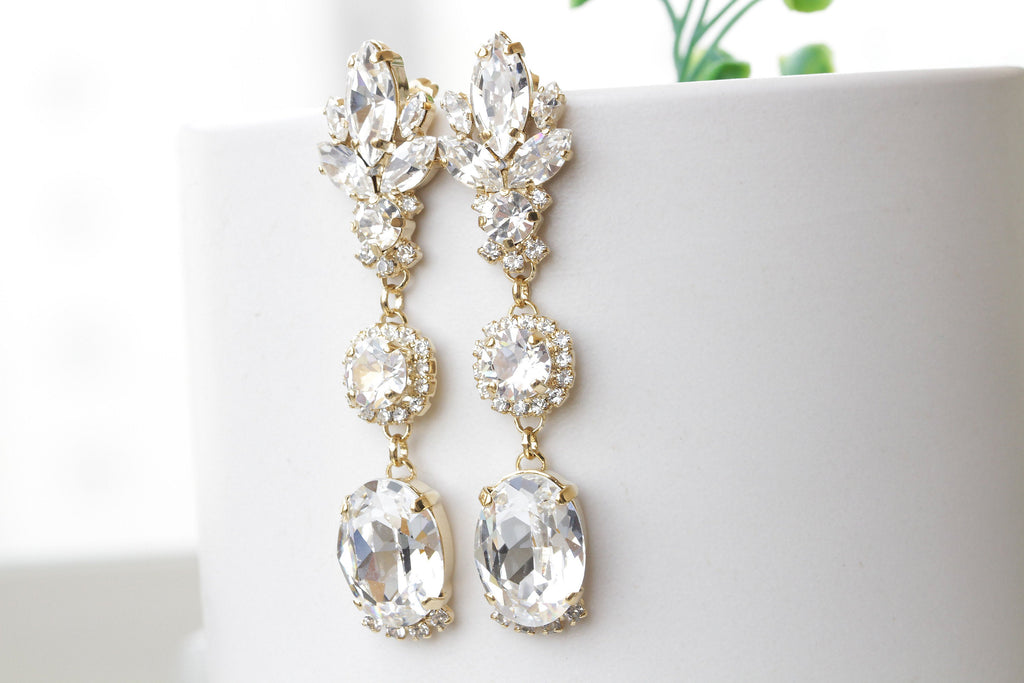 CRYSTAL LONG EARRINGS, Bridal Vintage Crystal Chandeliers, Bridal Gold Impressive Earrings, Rebeka Statement Bride White Clear Earring,