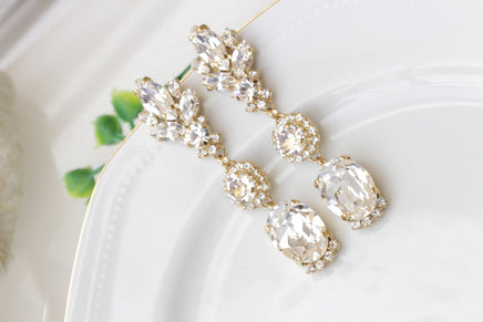 CRYSTAL LONG EARRINGS, Bridal Vintage Crystal Chandeliers, Bridal Gold Impressive Earrings, Rebeka Statement Bride White Clear Earring,