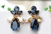 NAVY Blue BRIDAL EARRINGS, Blue Navy Bridesmaid Studs,Rebeka Clusters,Evening Stud Earrings,Mothers Day, Dark Blue and Gold Stud Earrings