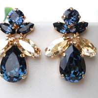 NAVY Blue BRIDAL EARRINGS, Blue Navy Bridesmaid Studs,Rebeka Clusters,Evening Stud Earrings,Mothers Day, Dark Blue and Gold Stud Earrings