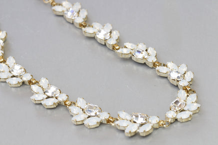 WHITE OPAL NECKLACE, Rebeka Necklace, White Bridal Necklace, Crystal Cluster Necklace, Yellow Gold Wedding Necklace ,White Jewelry Set