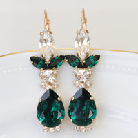 GREEN EMERALD EARRINGS, Teardrop Wedding Earrings,Emerald Rebeka Drop Clusters,Emerald Jewelry Set For Bride,Rose Gold Bridal Earrings