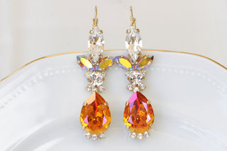 ORANGE DROP EARRINGS, Teardrop Wedding Earrings, Orange Rebeka Drop Clusters, Autumn Earrings, Set For Bride,Rose Gold Bridal Earrings