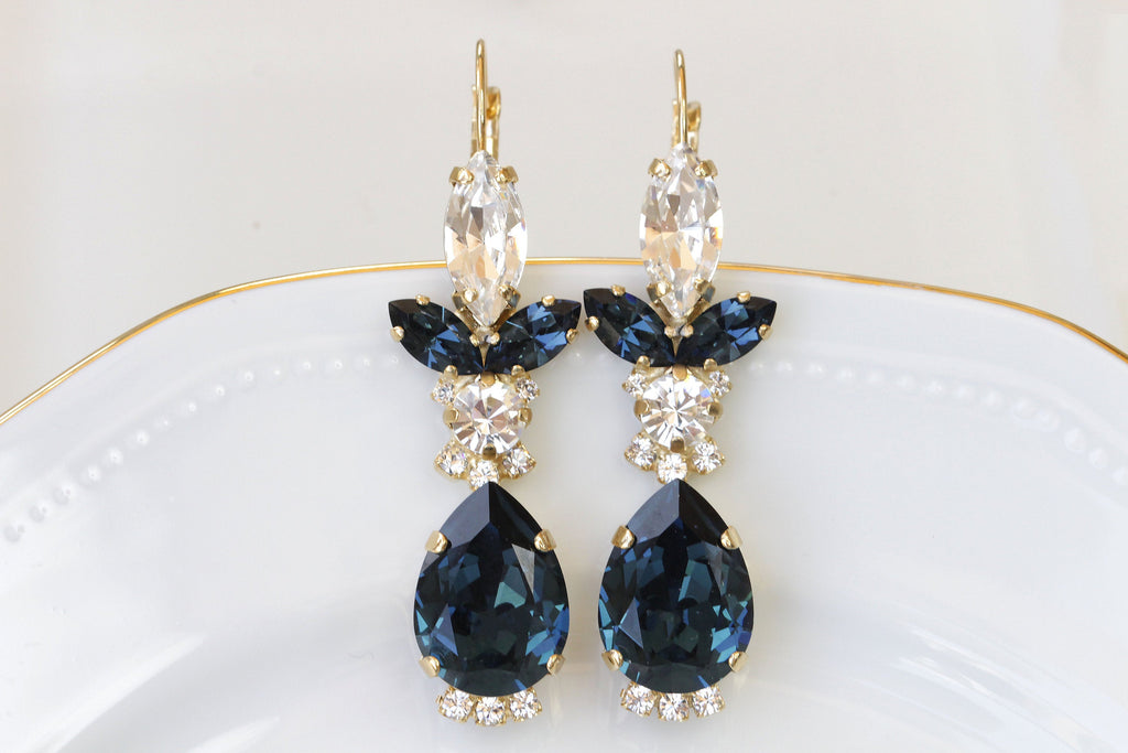 NAVY BLUE EARRINGS, Teardrop Formal Earrings, Dark Blue Rebeka Dangle Clusters, Blue Topaz Jewelry, Blue And Gold Bridal Fall Wedding