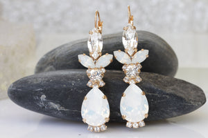 OPAL BRIDAL EARRINGS, White and Clear Wedding Earrings, Rebeka Earrings, Crystal Earrings, Silver Earrings,Bridesmaid Drop Long Earrings