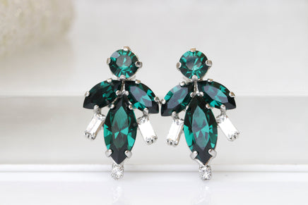 EMERALD EARRINGS, Emerald Green Cluster Stud Earrings, Bridal Dark Green Rebeka Earrings ,Wedding Art Deco Earrings, Unique Earrings,