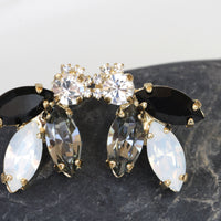 BLACK GRAY STUDS, Rebeka Earrings, Classic Wedding Earrings, Large Cluster Earrings For Woman, Elegant Black And White Earrings,Gift Idea