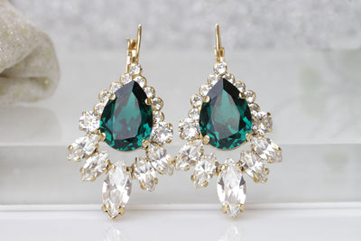 MOTHER'S DAY JEWELRY, Emerald Bridal Earrings, Large Drop Cluster Earrings, Classic Earrings,Wedding Rebeka Green Jewelry,Mother Of Groom