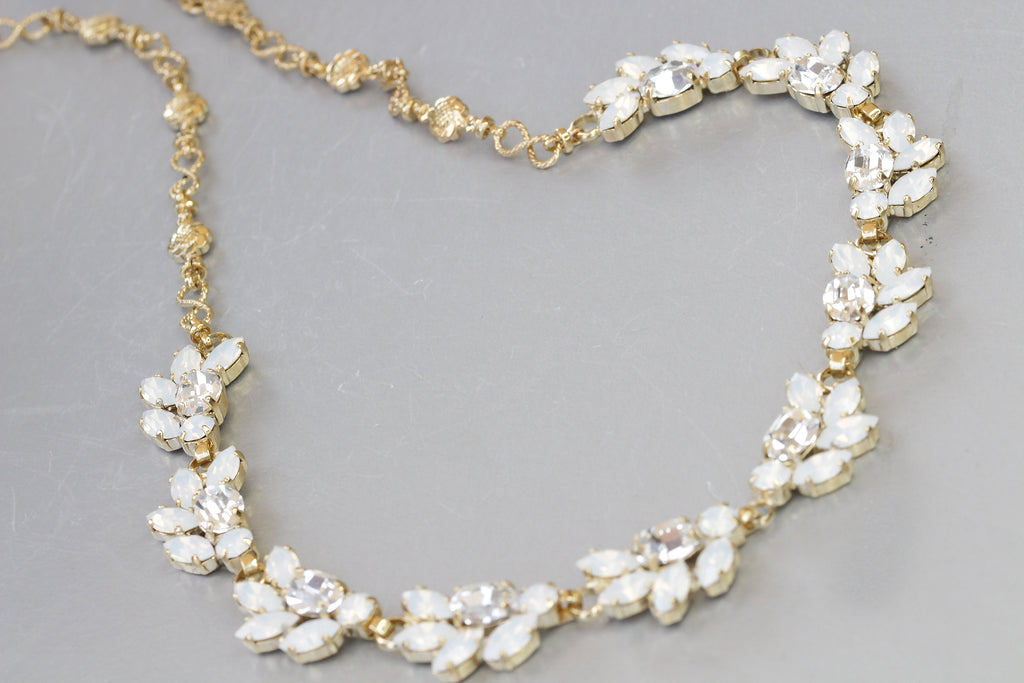 WHITE OPAL NECKLACE, Rebeka Necklace, White Bridal Necklace, Crystal Cluster Necklace, Yellow Gold Wedding Necklace ,White Jewelry Set