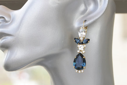 NAVY BLUE EARRINGS, Teardrop Formal Earrings, Dark Blue Rebeka Dangle Clusters, Blue Topaz Jewelry, Blue And Gold Bridal Fall Wedding