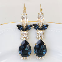 NAVY BLUE EARRINGS, Teardrop Formal Earrings, Dark Blue Rebeka Dangle Clusters, Blue Topaz Jewelry, Blue And Gold Bridal Fall Wedding