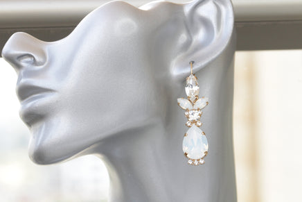 OPAL BRIDAL EARRINGS, White and Clear Wedding Earrings, Rebeka Earrings, Crystal Earrings, Silver Earrings,Bridesmaid Drop Long Earrings