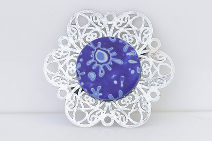 BLUE SILVER BROOCH, Flower Dresses Brooch, Clay Brooch, Royal Blue Handmade Brooch, Safety Pin ,Brooch for clothing, Fimo Brooch, Ook