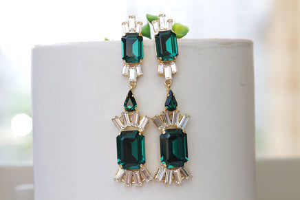 Emerald STATEMENT Earrings, Wedding Emerald Earrings, Emerald Bridal Earrings, Long Dark Green Earrings, Rebeka Dramatic Prom Jewelry