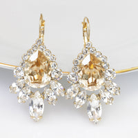 CHAMPAGNE JEWELRY, Champagne Bridal Earrings, Long Leverback Cluster Earrings, Wedding Rebeka Gold Topaz Jewelry, Statement Bride Earring
