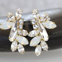 BRIDAL WEDDING EARRINGS, Opal Small Clusters, White Opal Earrings, Rebeka Earrings, Bridesmaid Earrings, Leaves Earrings,  Crystals Studs