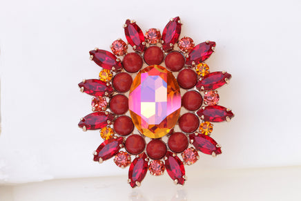 RED ORANGE BROOCH, Extra Large Brooch, Vintage  Brooch, Red Coral And Astral Pink Rebeka Brooch, Coat Brooch, Statement Dress Brooch Gift