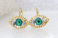 GREEN EYE EARRINGS, Evil Eye Earrings, Leverback Drop Earrings, Unique Jewelry Gift For Christmas ,Rebeka Earrings, Cats Eye Earrings,