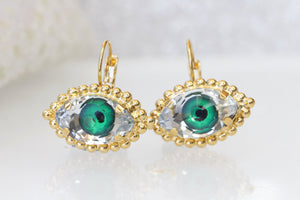 GREEN EYE EARRINGS, Evil Eye Earrings, Leverback Drop Earrings, Unique Jewelry Gift For Christmas ,Rebeka Earrings, Cats Eye Earrings,