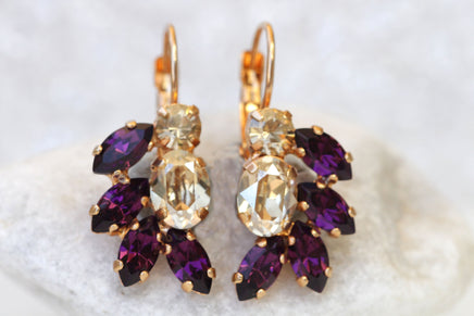 AMETHYST GOLD  EARRINGS, Purple Champagne Earrings, Rebeka Bridal Earrings, Cluster Droplet, Wedding Earrings,Bridesmaid Gift,Shower Gift