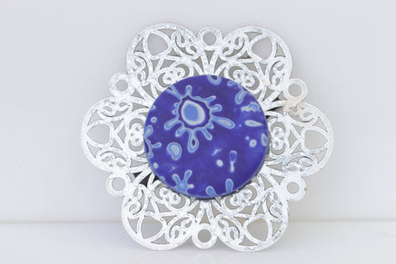 BLUE SILVER BROOCH, Flower Dresses Brooch, Clay Brooch, Royal Blue Handmade Brooch, Safety Pin ,Brooch for clothing, Fimo Brooch, Ook