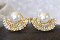 PEARL BRIDAL EARRINGS, Pearl Gold Wedding Earrings, Rebeka White Pearl Stud Earrings, Pearl Statement Earrings For Brides, Bridal Earring