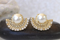 PEARL BRIDAL EARRINGS, Pearl Gold Wedding Earrings, Rebeka White Pearl Stud Earrings, Pearl Statement Earrings For Brides, Bridal Earring