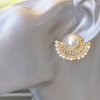 PEARL BRIDAL EARRINGS, Pearl Gold Wedding Earrings, Rebeka White Pearl Stud Earrings, Pearl Statement Earrings For Brides, Bridal Earring