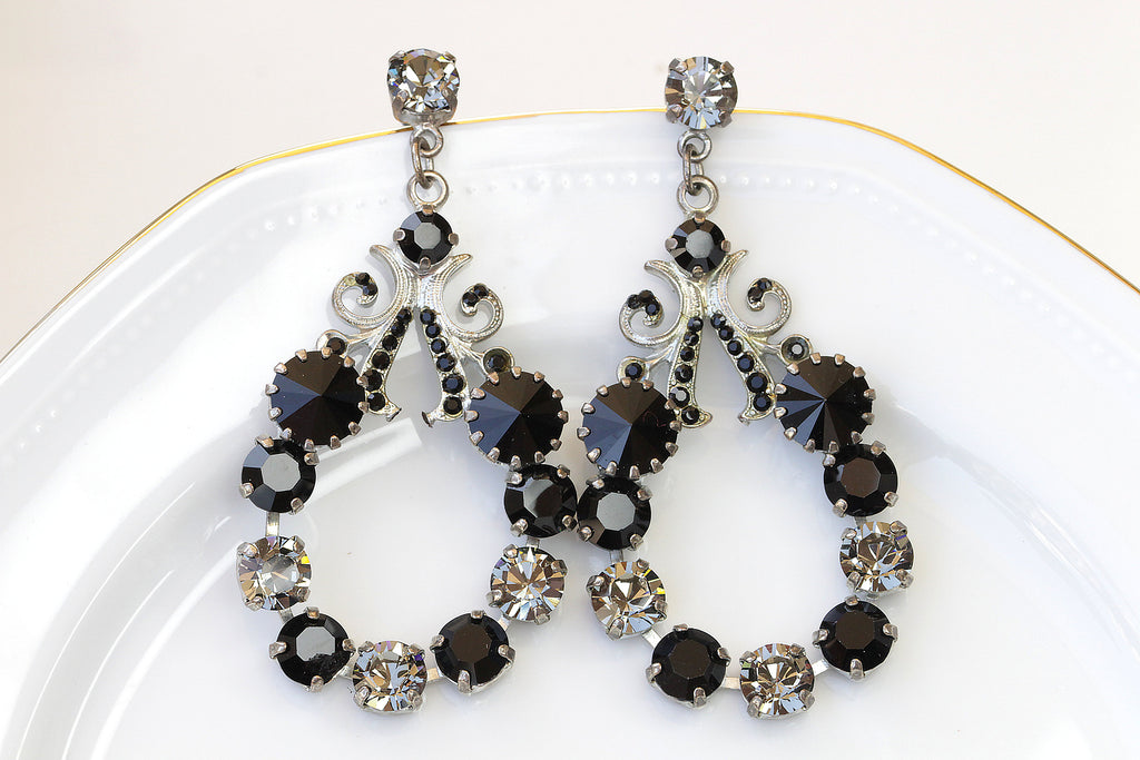 BLACK Gray HOOP EARRINGS,Rebeka Chandelier Earrings,Smoky black diamond earrings,Statement Earrings For Black Evening Dress, Large,Formal