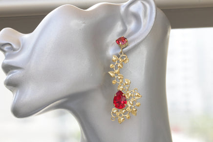 RUBY LEAF EARRINGS, Rebeka Earrings, Bright Red Bridal Earrings, Unique Chandelier Earring, Evening Jewelry For Woman, Birthday Gift Idea