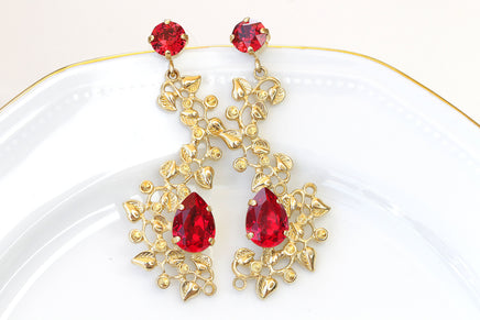 RUBY LEAF EARRINGS, Rebeka Earrings, Bright Red Bridal Earrings, Unique Chandelier Earring, Evening Jewelry For Woman, Birthday Gift Idea