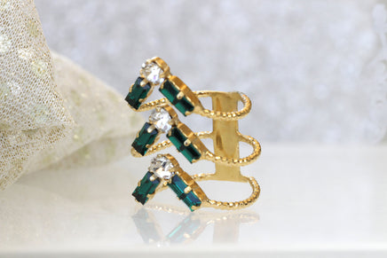 EMERALD Stacking RING SET, Art Deco Ring, 3 Band Ring, Chunky Ring,Rebeka Ring, Green Cocktail Ring, may birthstone ring, GoldFilled Ring