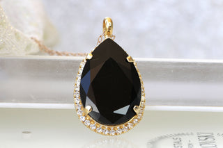 BLACK PENDANT NECKLACE, Teardrop Necklace, Evening Necklace, Rebeka Jet Necklace, Every Day Jewelry, Black Gold Necklace,Dewdrop Necklace
