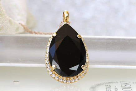 BLACK PENDANT NECKLACE, Teardrop Necklace, Evening Necklace, Rebeka Jet Necklace, Every Day Jewelry, Black Gold Necklace,Dewdrop Necklace