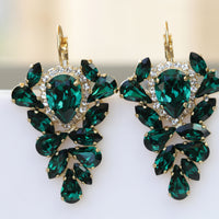 Bridal  EMERALD Earrings, Dark Green Earrings for Brides,Emerald Wedding Drop Earrings,Rebeka Crystal Leaves Earrings,Gift For Christmas