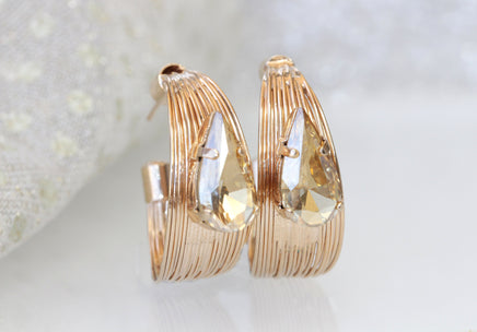 CHAMPAGNE HOOP EARRINGS, Gold Hoop Bridal Earrings, Wedding Jewelry, Rebeka Topaz Hoops, Wire Hoop Earrings, Half Hoop Wedding Earrings