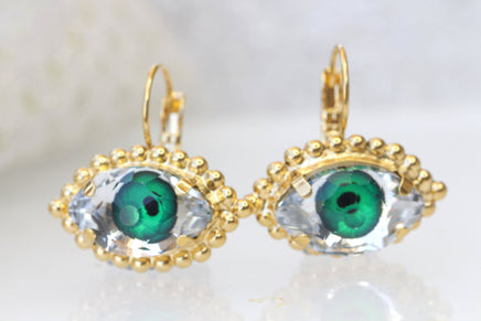 GREEN EYE EARRINGS, Evil Eye Earrings, Leverback Drop Earrings, Unique Jewelry Gift For Christmas ,Rebeka Earrings, Cats Eye Earrings,