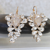 Bridal  IVORY Earrings, Ivory Cream Earrings for Brides, Wedding Leverback Earrings,Rebeka Leaves Earrings, Crystal Ivory Bridal Shower