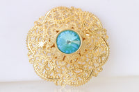 TURQUOISE GOLD BROOCH, Filigree Dresses Brooch, Elegante Brooch,Lace Brooch, Blue Gold Rebeka  clothing Brooch, ,Grandmother Vintage Gift