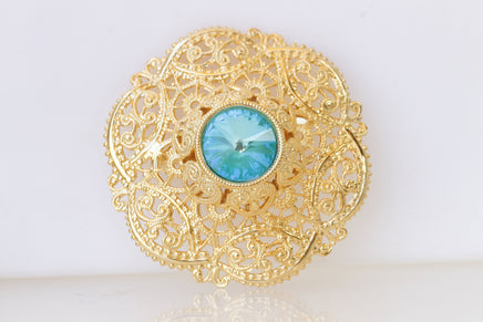 TURQUOISE GOLD BROOCH, Filigree Dresses Brooch, Elegante Brooch,Lace Brooch, Blue Gold Rebeka  clothing Brooch, ,Grandmother Vintage Gift