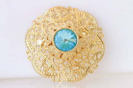 TURQUOISE GOLD BROOCH, Filigree Dresses Brooch, Elegante Brooch,Lace Brooch, Blue Gold Rebeka  clothing Brooch, ,Grandmother Vintage Gift