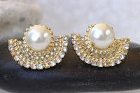 PEARL BRIDAL EARRINGS, Pearl Gold Wedding Earrings, Rebeka White Pearl Stud Earrings, Pearl Statement Earrings For Brides, Bridal Earring