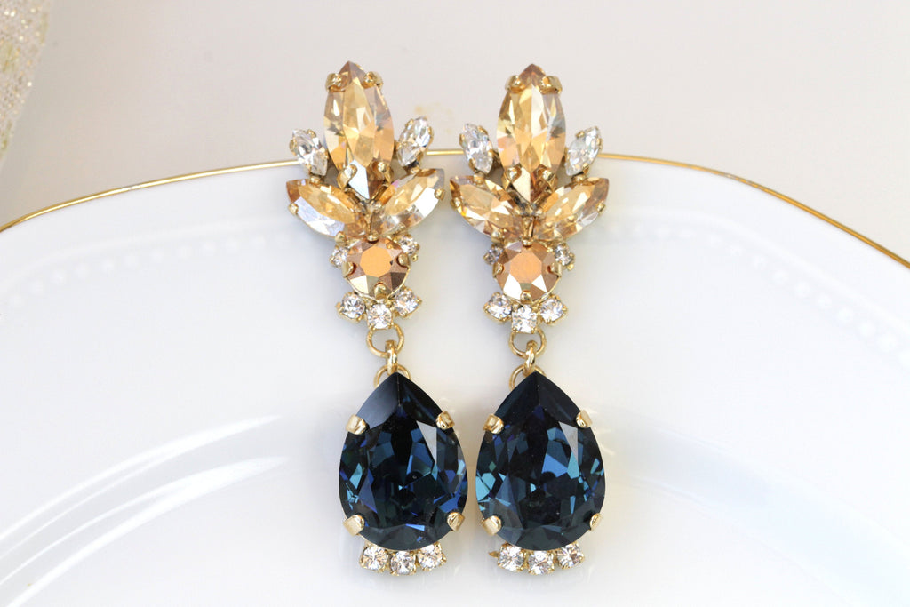ROSE GOLD NAVY Earrings, Rebeka Crystal Earrings, Long Chandelier Earrings, Navy Blue Wedding, Dark Sapphire Champagne bridal Jewelry,