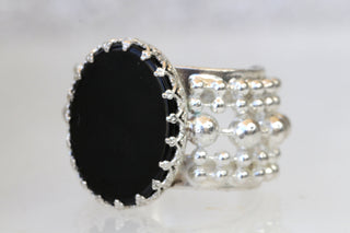 ONYX Silver Ring, Boho Silver Ring, Genuine Onyx Ring, Chunky Ring For Women, Filigree Adjustable Ring,, Flat Oval Rings,Black Stone Ring