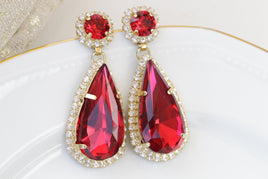 Red Rebeka EARRINGS, Red Teardrop Earrings, Ruby Red Statement Earrings, Rhinestone Ruby Earrings for Women, Red Halo Evening Earrings