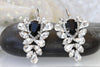 BLACK CLUSTER DROP Earrings, Jet Crystal Earrings for Woman, Wedding Evening Earrings, Rebeka Leaves Earrings, Black and White Earrings