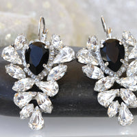 BLACK CLUSTER DROP Earrings, Jet Crystal Earrings for Woman, Wedding Evening Earrings, Rebeka Leaves Earrings, Black and White Earrings