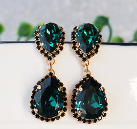 Emerald BLACK EARRINGS, Formal Bridal Jewelry, Emerald Chandelier Earrings,Dark Green  Evening Earrings ,Rebeka Wedding Teardrop Earring