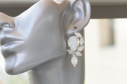 WHITE BRIDAL EARRINGS, Opal Crystal Earrings,Cluster Large Earrings, Leverback Earrings, Rebeka Jewelry For Brides, Wedding Drop Earring