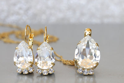 Rebeka Jewelry Set, Teardrop Pendant, Wedding White Crystal Jewelry, Bridal Unique Earrings And Necklace Set, Clear Crystal Jewelry Set,